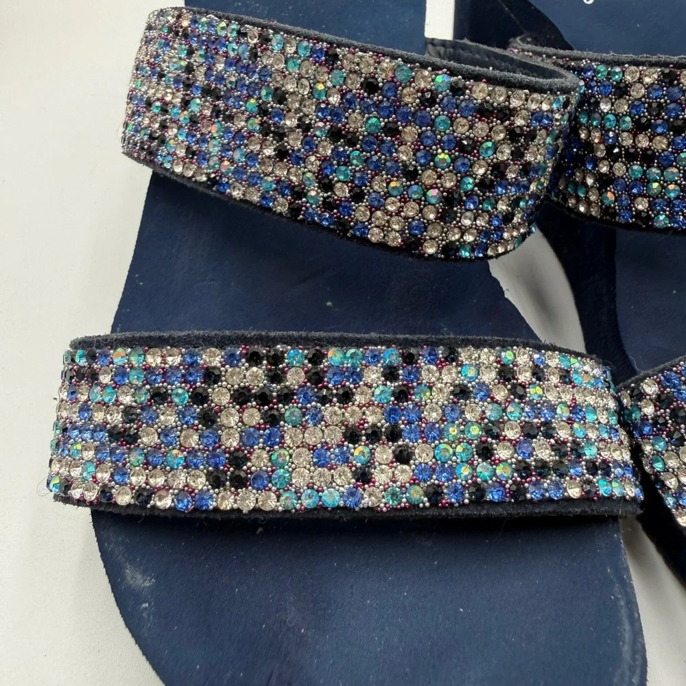 Yellow Box Gazelly Navy Blue Rhinestone Wedge Platform Slide Sandals Womens 7
